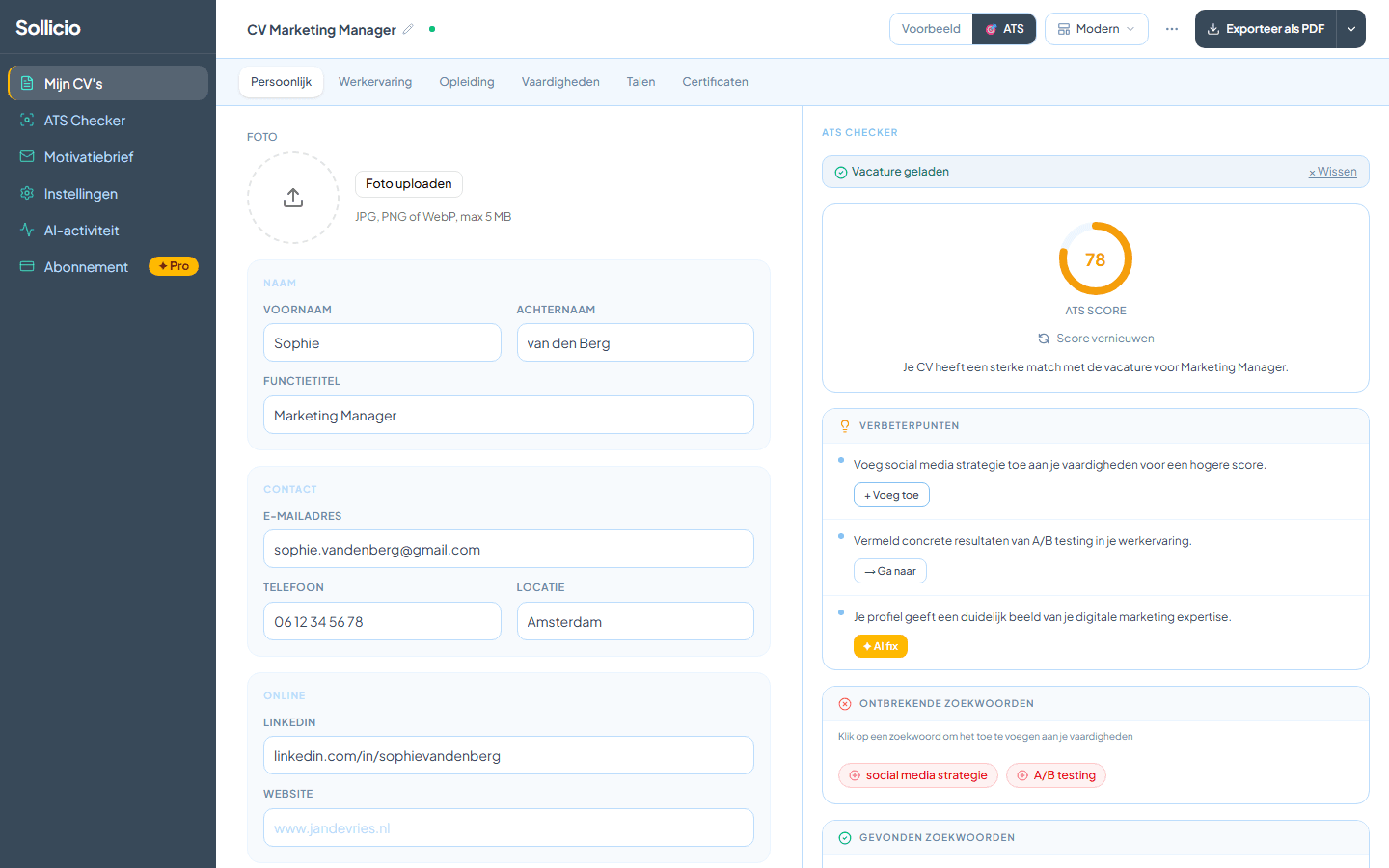 Sollicio CV editor met ATS checker